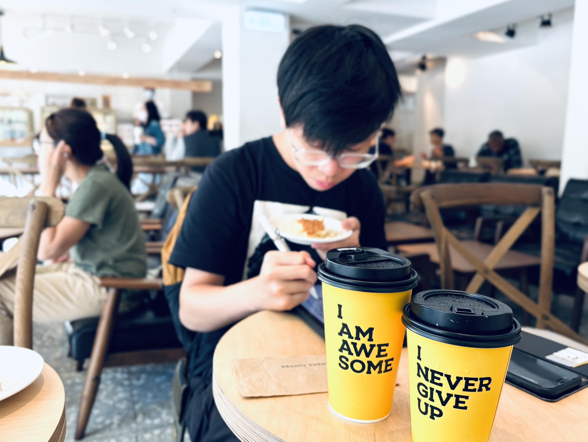 May be an image of 5 people, coffee cup and text that says 'I AM AWE SOME NEVER GIVE'