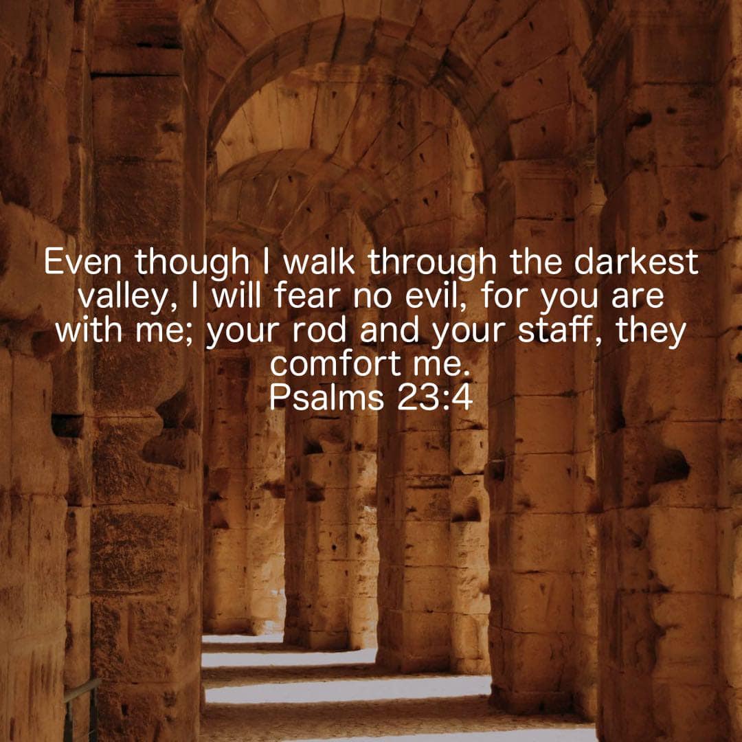 May be an image of text that says 'Even though I walk through the darkest valley, will fear no evil, for you are with me; your rod and your staff, they comfort me. Psalms 23:4'