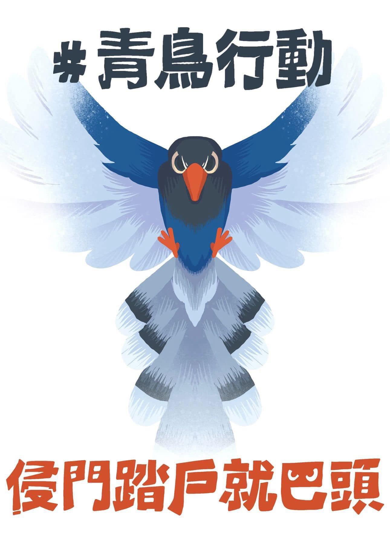 May be a doodle of hornbill and text that says '青鳥行動 uAAm 侵門踏戶就巴頭 侵門踏'